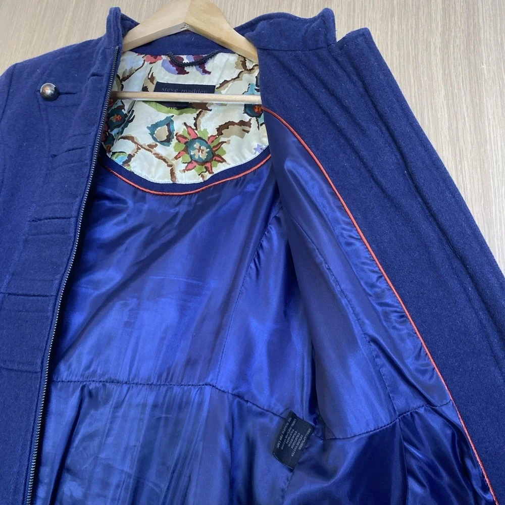 Steve Madden Women Blue Military Style Zip Front Peacoat Jacket Size Small